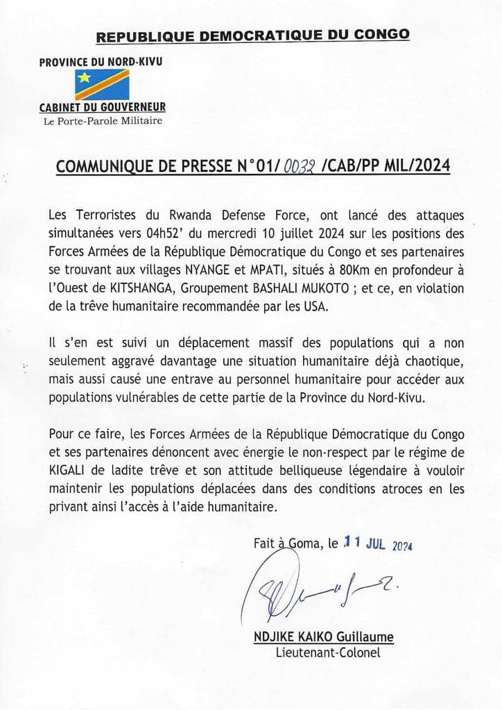 Nord-Kivu : l’armée dénonce la violation de la trêve humanitaire par Kigali